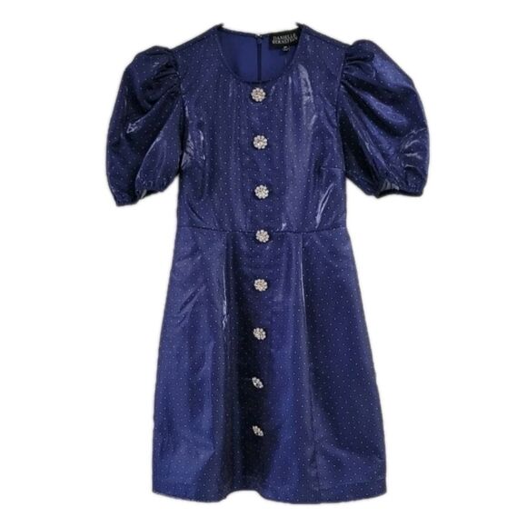 Danielle Bernstein Rhinestone Button Fit Flare Satin Mini Dress Navy Dots NWT - Picture 2 of 9